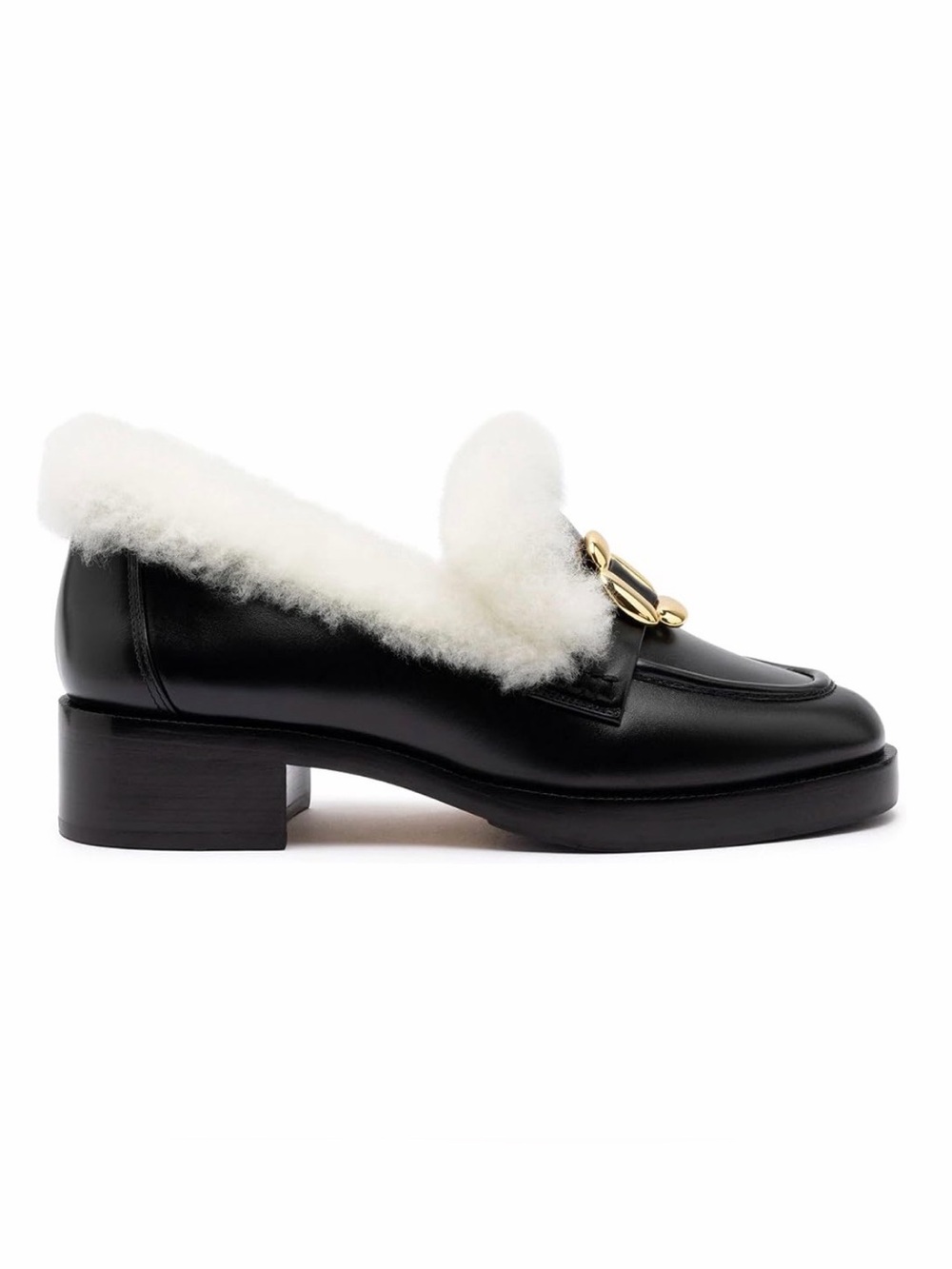 Larroude Bobbie 6.5 Black Leather Shearling-Trim Loafer